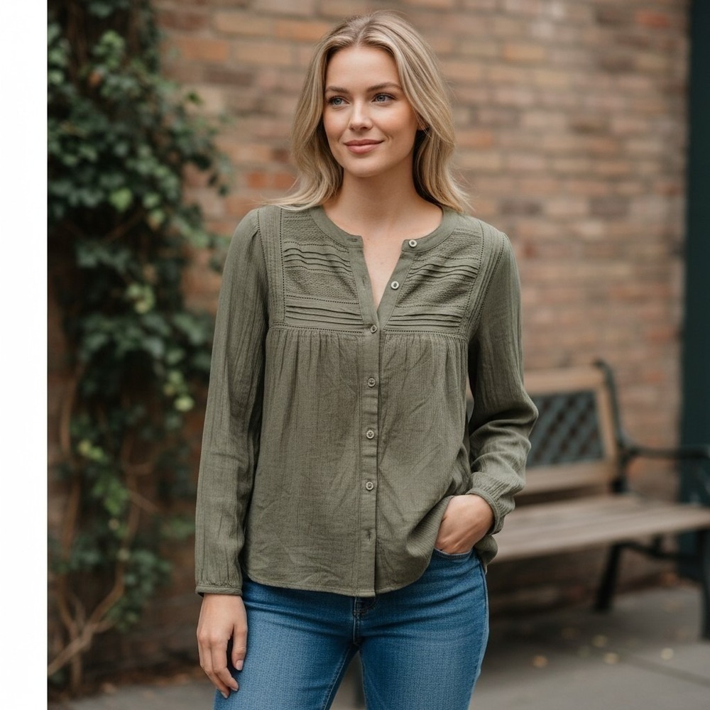 Lucky Brand Lace Inset Cotton Button-Up‎ Peasant Top Lace Inset Pintuck Pleats S